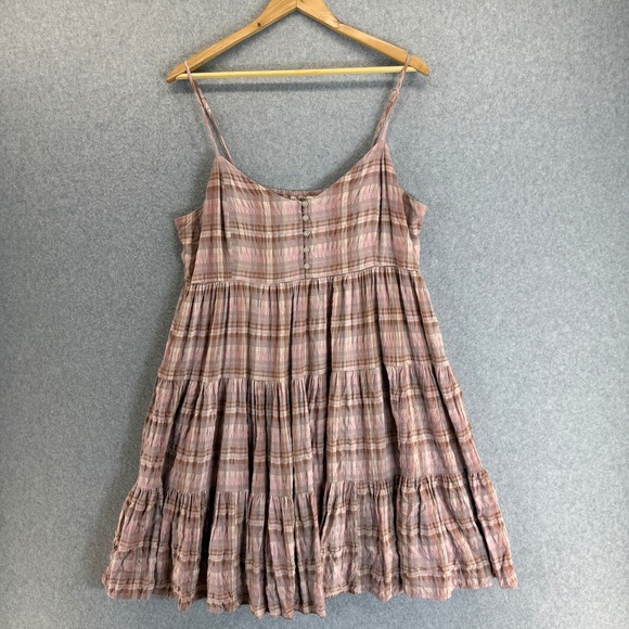 Lucky Brand Ash Rose Plaid Tiered Mini Tank Dress Pink Sleeveless Womens Large - Picture 1 of 14